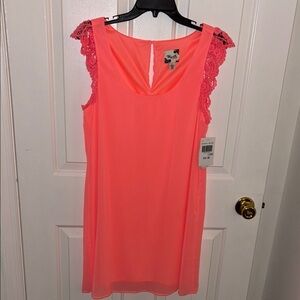 Neon Pink Sleeveless Dress with Lace Detail